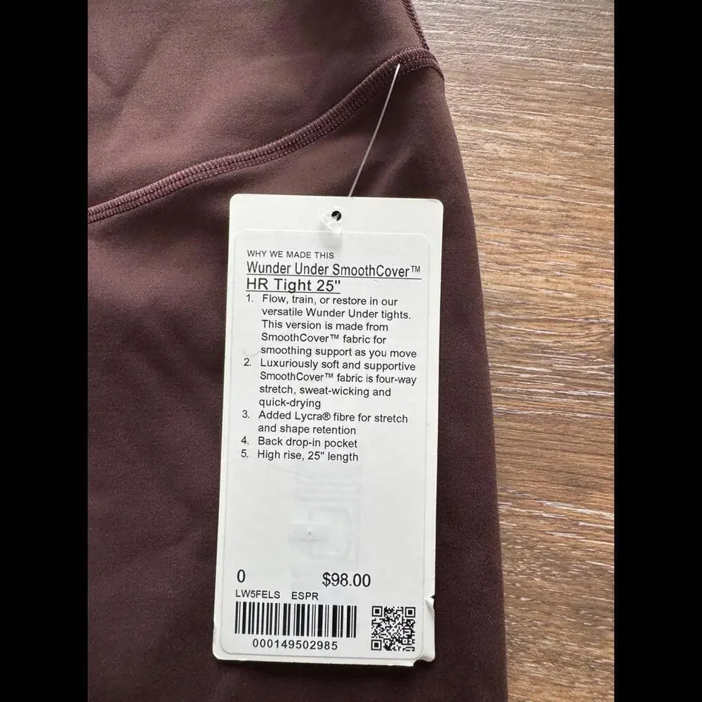 Lululemon Wunder Under Smoothcover High Rise 25” Espresso Size 0 NWT